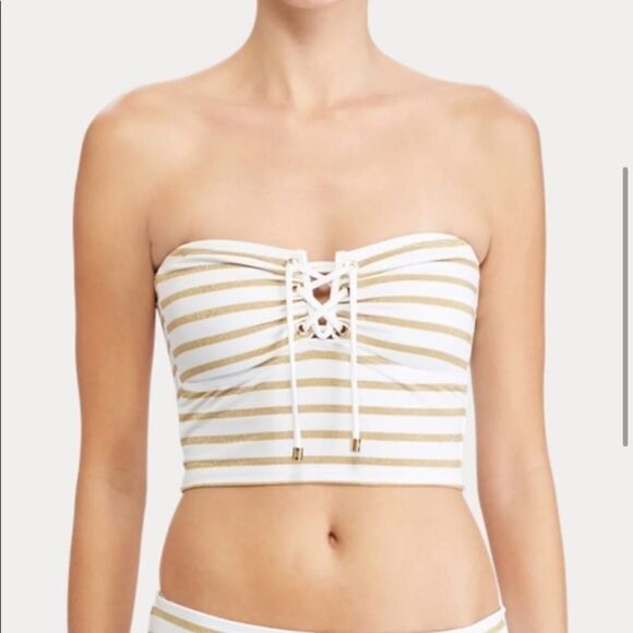 NWT Lauren Ralph Lauren Gold Stripe Tie Top - Picture 2 of 8